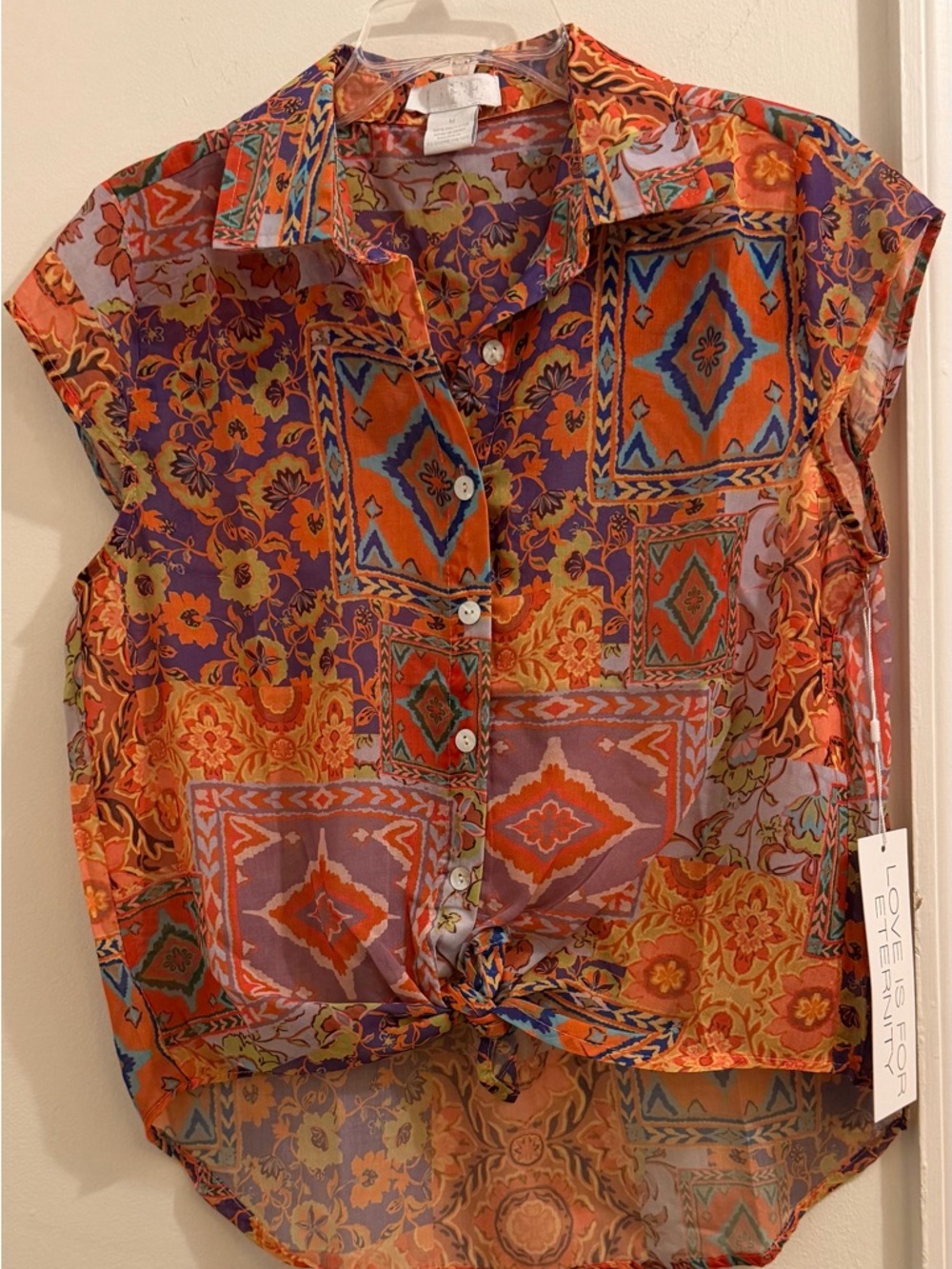 L.I.F.E. Button Front Tie Blouse in Orange & Purple Floral
